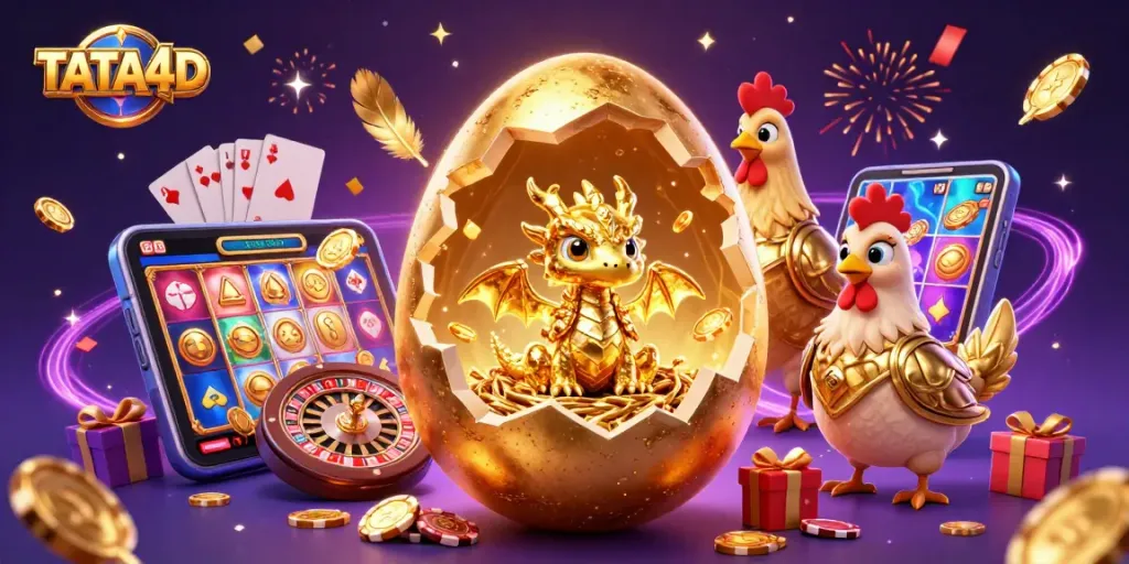 Experience the magic of TATA4D as a golden dragon emerges from a nest of poker chips.