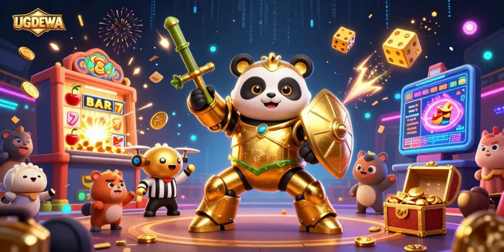 Play exciting online games with UGDEWA, featuring dynamic 3D illustrations and engaging casino elements.