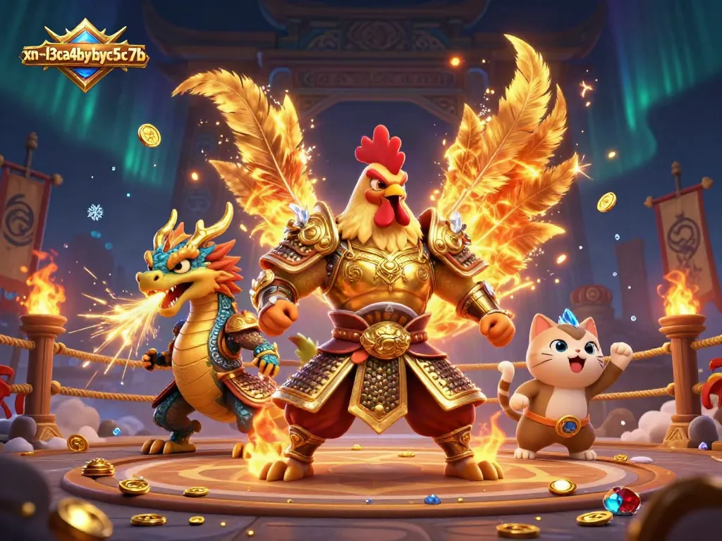 Win big at xn--l3ca4bybyc5c7b with our cartoon warrior and dragon in a lively casino setting!