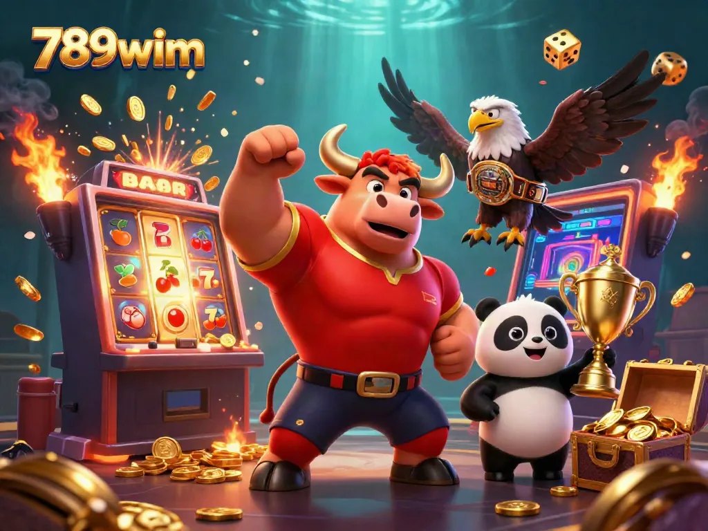 Experience thrilling jackpots at 789wim with a victory-themed casino illustration showcasing coins, trophies, and celebratory elements.