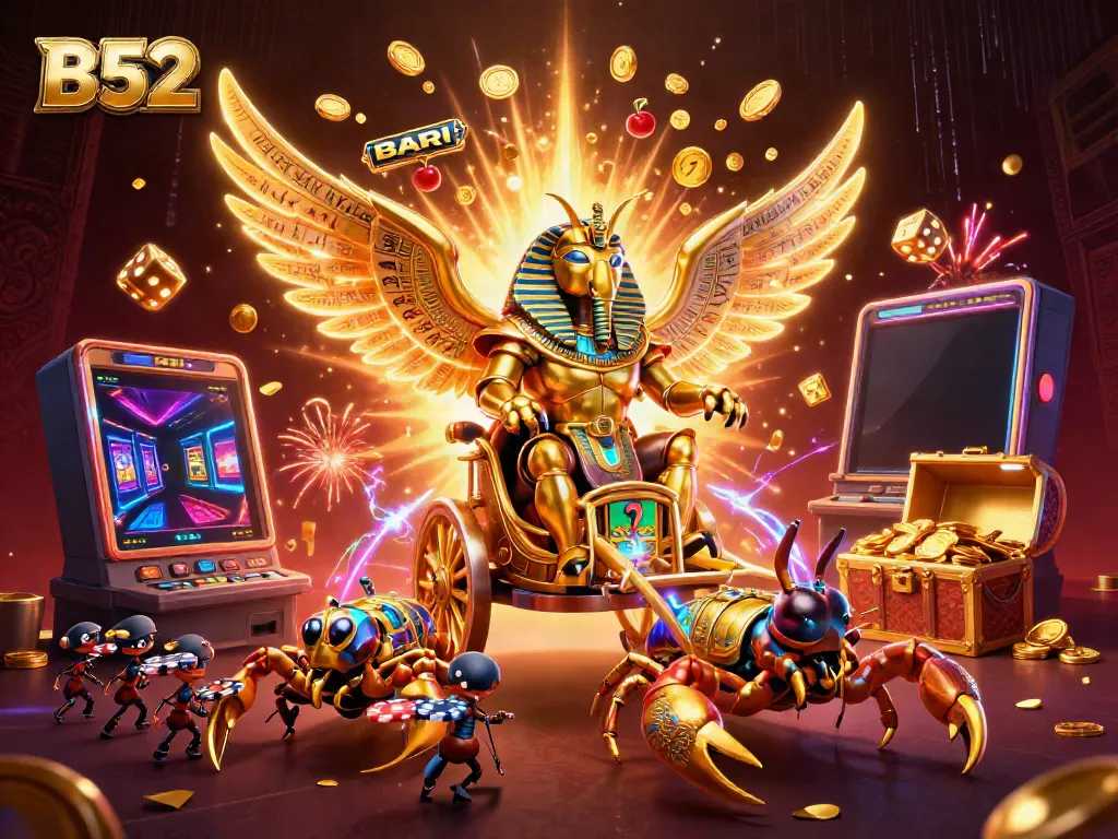Engage with B52's thrilling casino experience featuring a golden scarab and dynamic gaming elements.