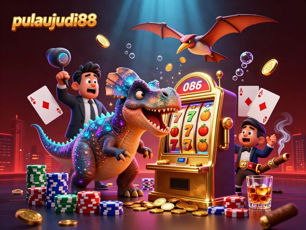 Pulaujudi88 menggambarkan dinosaurus pachycephalosaurus memukul mesin slot emas, menghasilkan koin jackpot.