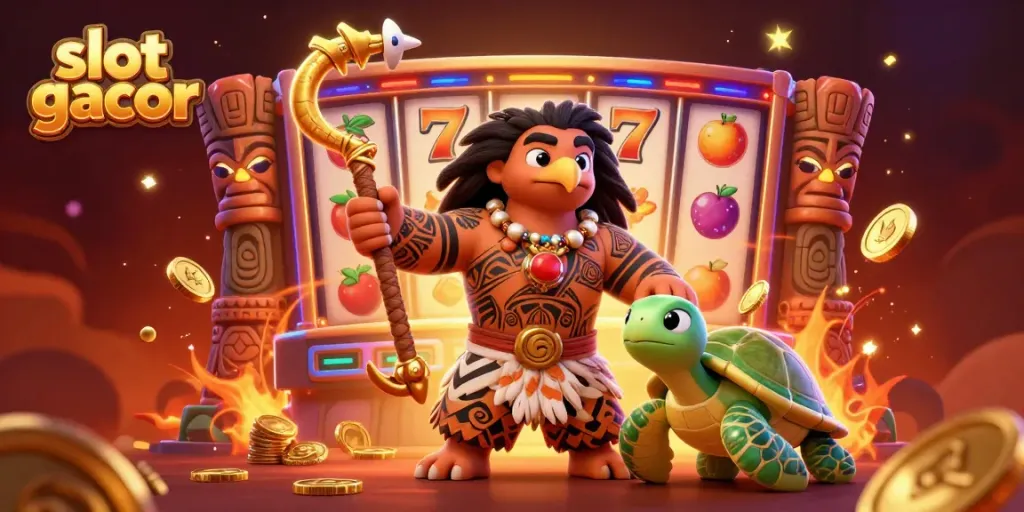 Experience thrilling slot gacor gameplay with vibrant characters and dynamic slot reels surrounded by tiki decor.