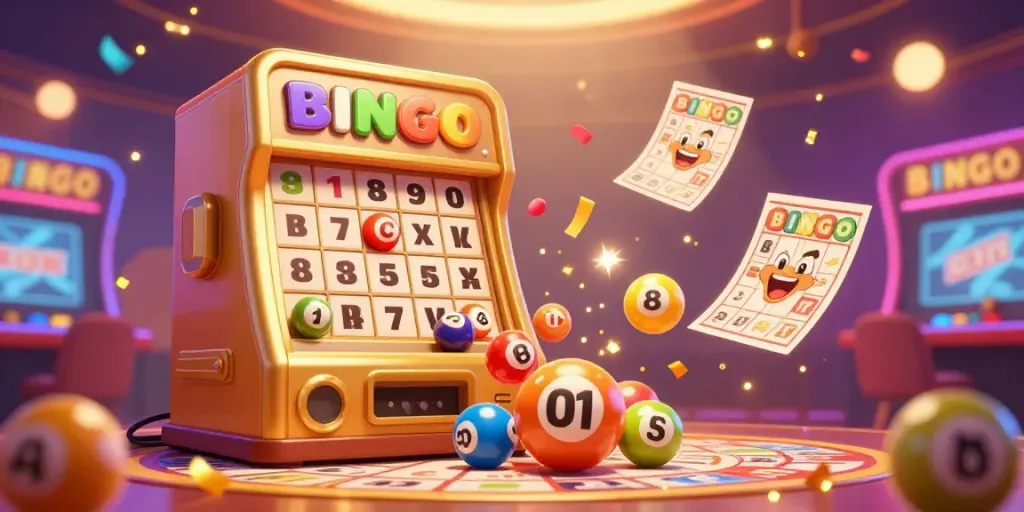 Bingo 101's bingo machine pouring colorful balls in a vibrant casino atmosphere enhancing player excitement.