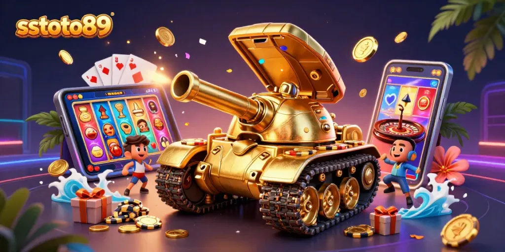 Permainan sstoto89 di kasino miniatur dengan elemen slot dan koin emas yang melimpah.