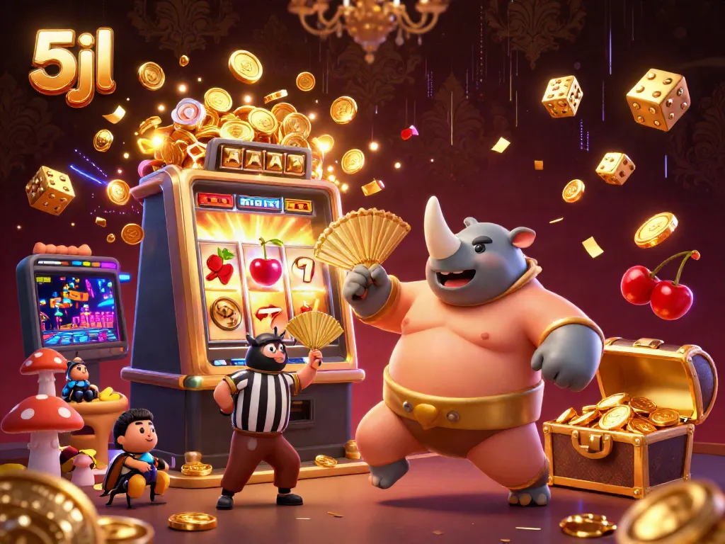 Experience the thrill of winning with the dynamic 5jl casino scene featuring a sumo beetle and slot machines.