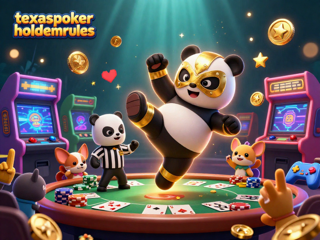Engage in high-stakes poker action with texaspokerholdemrules as a panda wrestler and chihuahua referee in a vibrant scene.