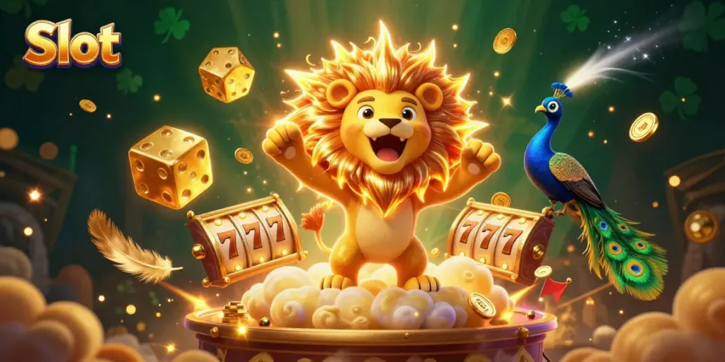 Spin the reels with the vibrant slot-themed 3D illustration featuring lucky symbols and energetic characters.