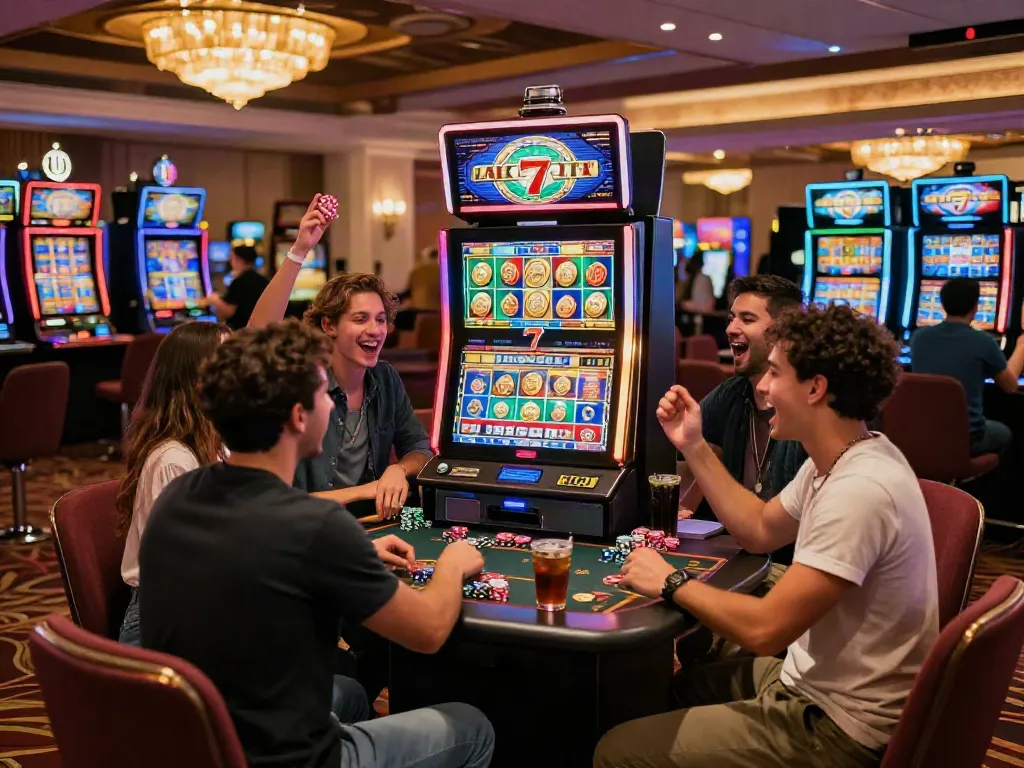 Friends celebrating a jackpot at a Lucky777 slot machine in a lively casino atmosphere.