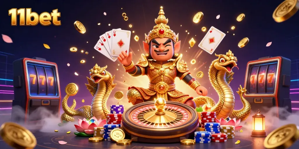 Experience the excitement of 11bet with vibrant casino elements, including a friendly guardian and Naga serpents.