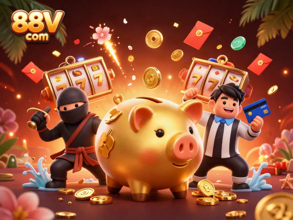 Experience thrilling jackpots with 88VV com’s dynamic casino scene showcasing a lucky piggy bank sumo wrestler.