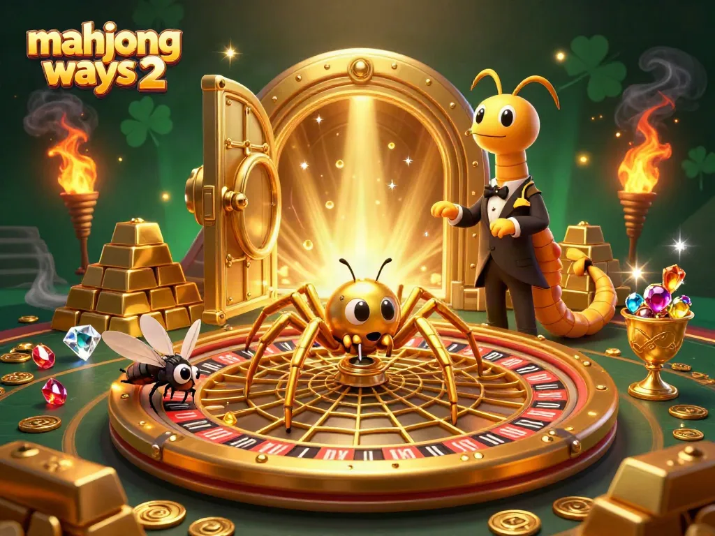 Engage with the vibrant scene of Mahjong Ways 2 featuring a cartoon spider and gold elements, illustrating excitement in gaming.