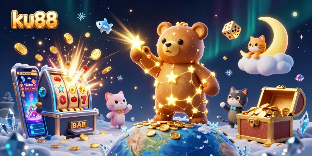 Experience ku88’s gaming magic with a constellation bear and thrilling casino elements exploding in action!