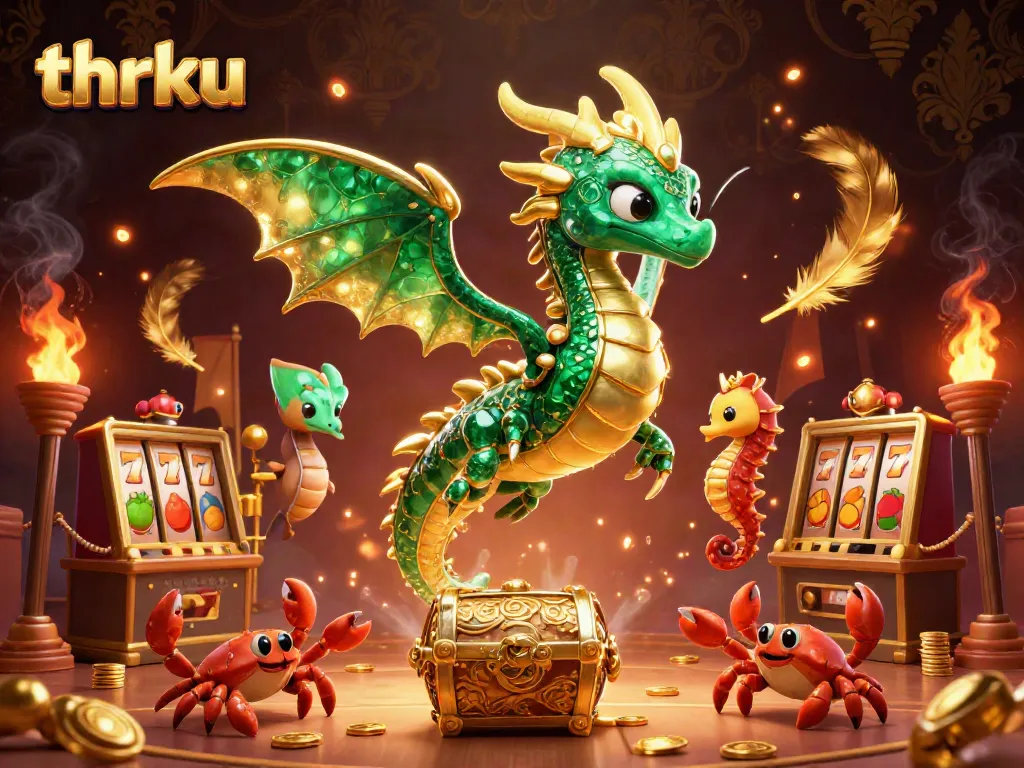 Spin the reels with thrku, featuring a vibrant sea dragon guarding treasures in this dynamic casino scene.