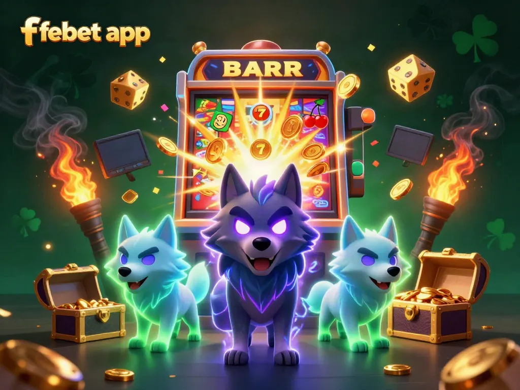 Experience the excitement of the febet app with gaming icons and vibrant symbols bursting into action.