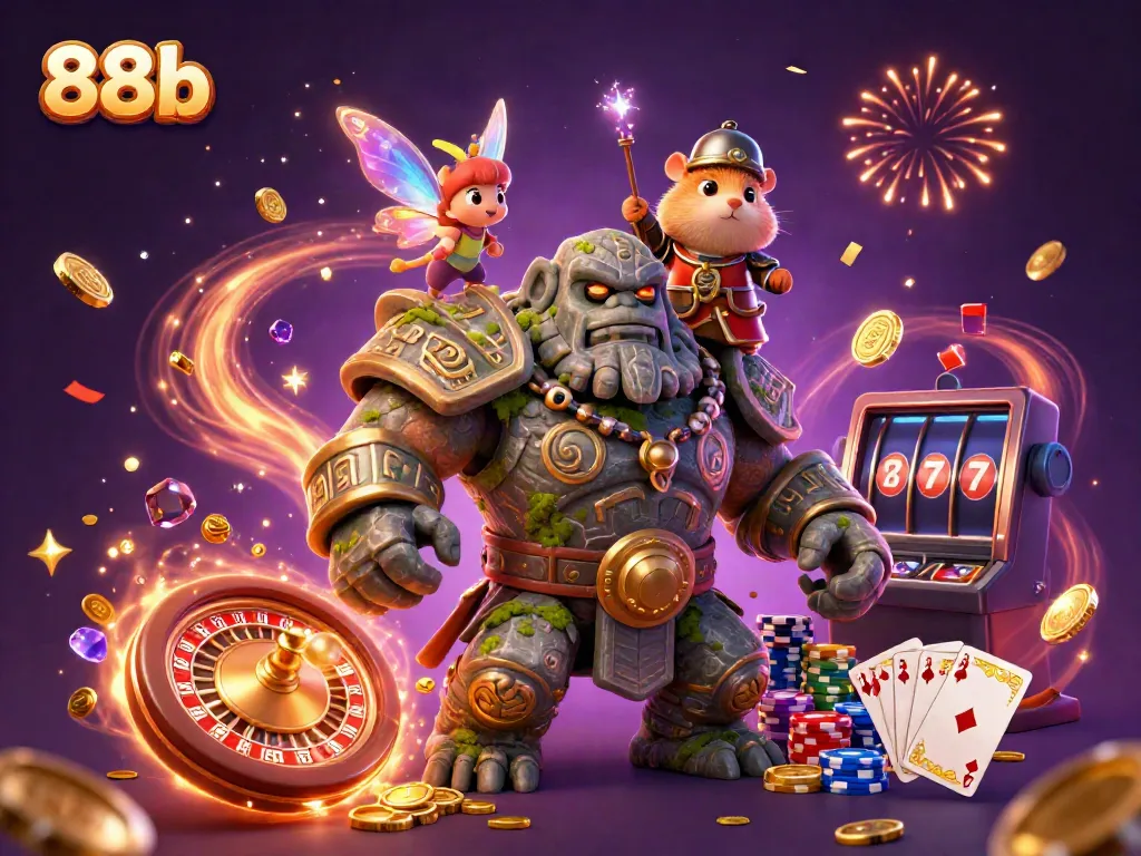 Engage in a magical casino adventure with 88b, featuring a golem guardian and spinning roulette.