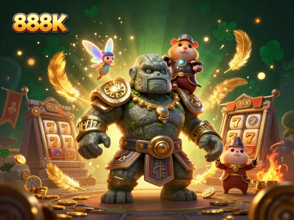 Experience thrilling action in 888K with a magical casino scene featuring a golem and knight.