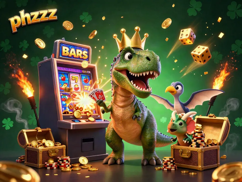 Experience the thrilling phzzz! Join our cartoon T-Rex, pterodactyl, and triceratops in a vibrant casino adventure.