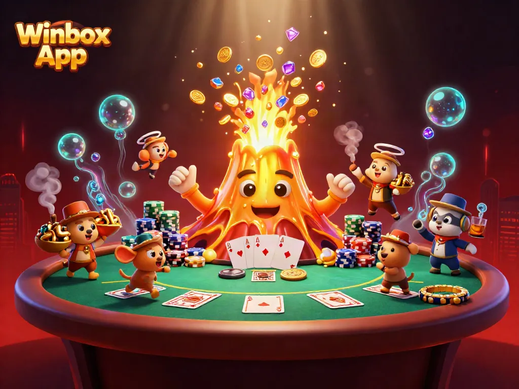 Engage with the Winbox App in this vibrant casino scene featuring glowing treasures and poker elements.