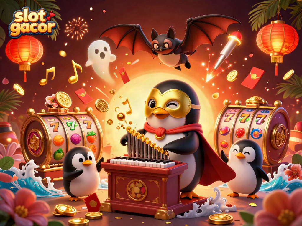 Engage with slot gacor as a phantom penguin brings fortune with golden coins amidst vibrant casino symbols.