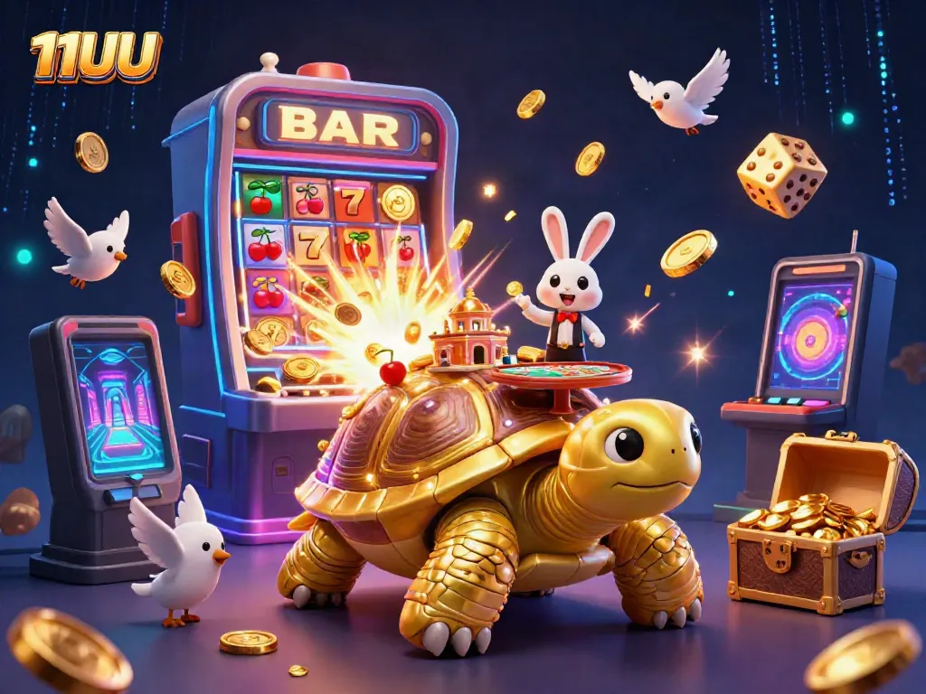Experience excitement with 11UU's golden tortoise casino, jackpot wins, and vibrant game elements!