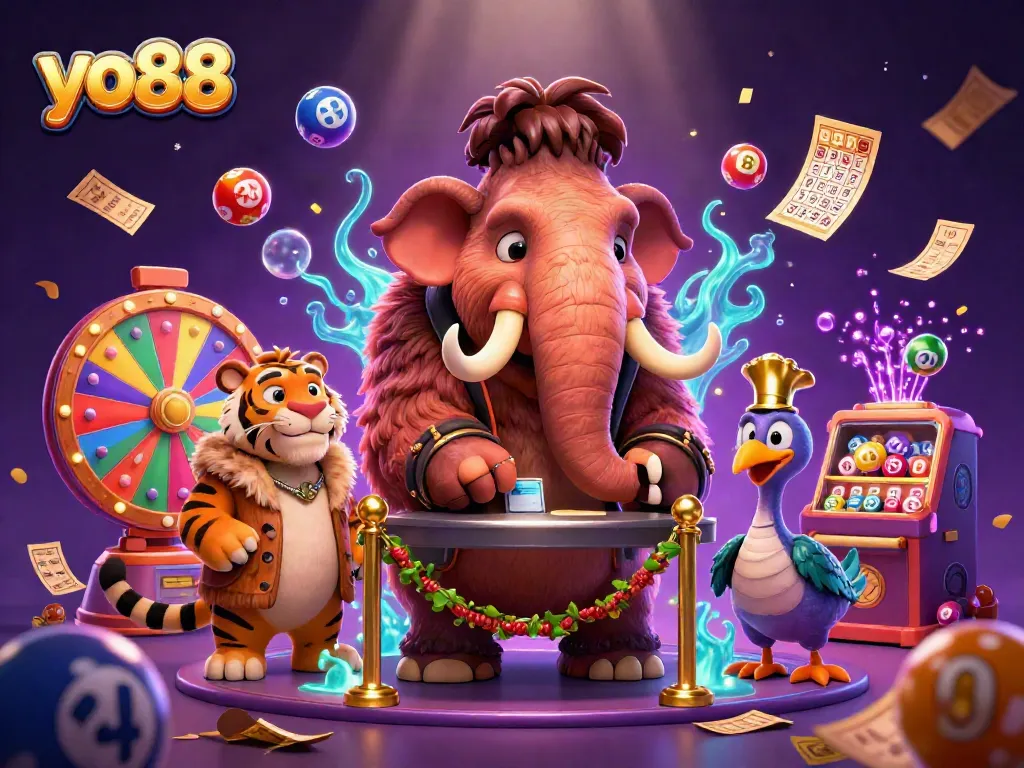 yo88 invites players to a vivid 3D casino scene with dynamic lottery elements and vibrant characters.