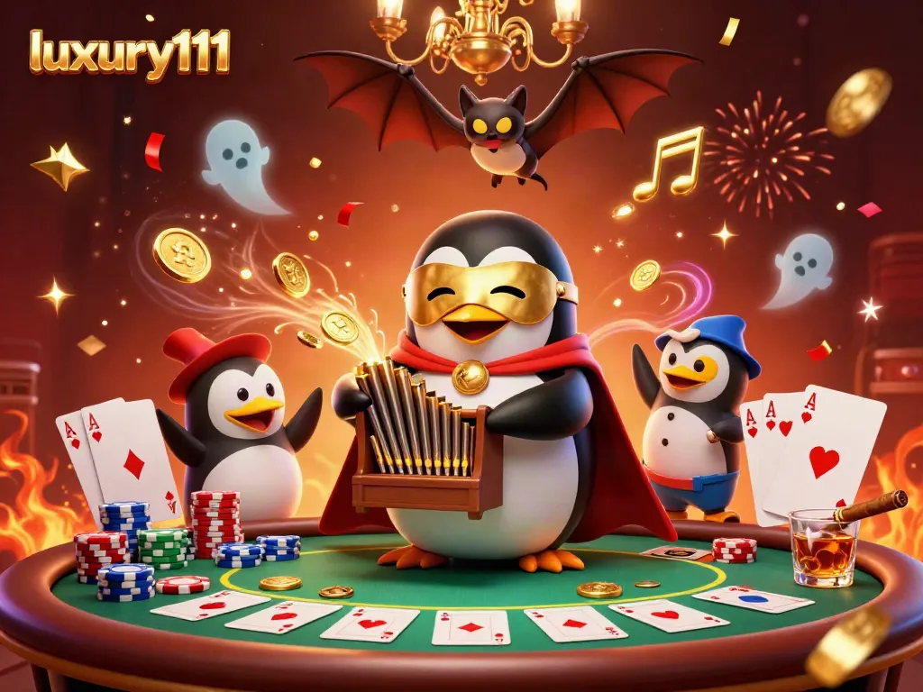 Experience luxury111 with a penguin organist shooting coins amid dynamic casino elements.