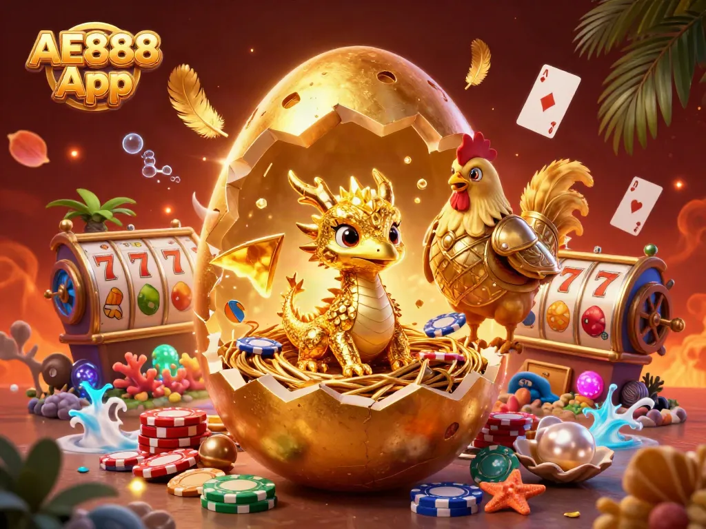 Experience thrilling fun with the AE888 App showcasing a golden dragon amid poker chips and slot machines.