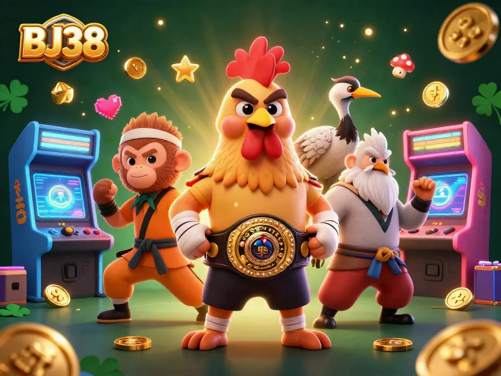 Experience thrilling action with BJ38's dynamic casino world featuring vibrant 3D characters and game elements.
