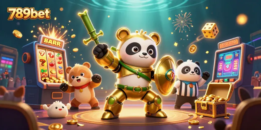 Exciting scene showcasing 789bet with a dynamic golden panda piloting a game-themed robot amidst vibrant casino elements.