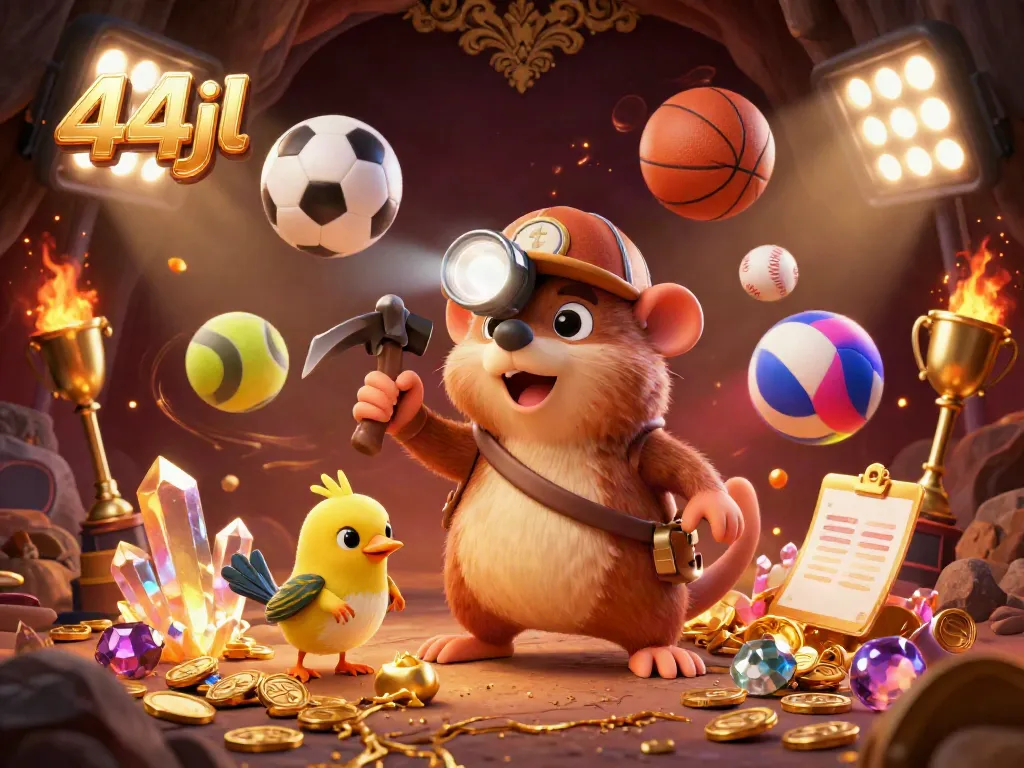 Engage with the action at 44jl, featuring a treasure hunter mole and sports elements in a vibrant casino scene.