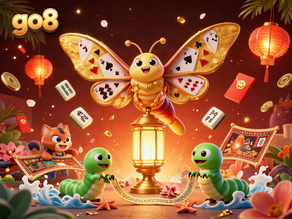 Engage with go8 at a vibrant casino scene illustrated with an atlas moth and golden gaming symbols.