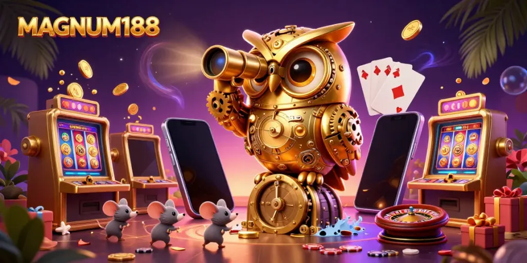 Experience the vibrant excitement of MAGNUM188 with a lively 3D casino illustration including gold and silver elements.