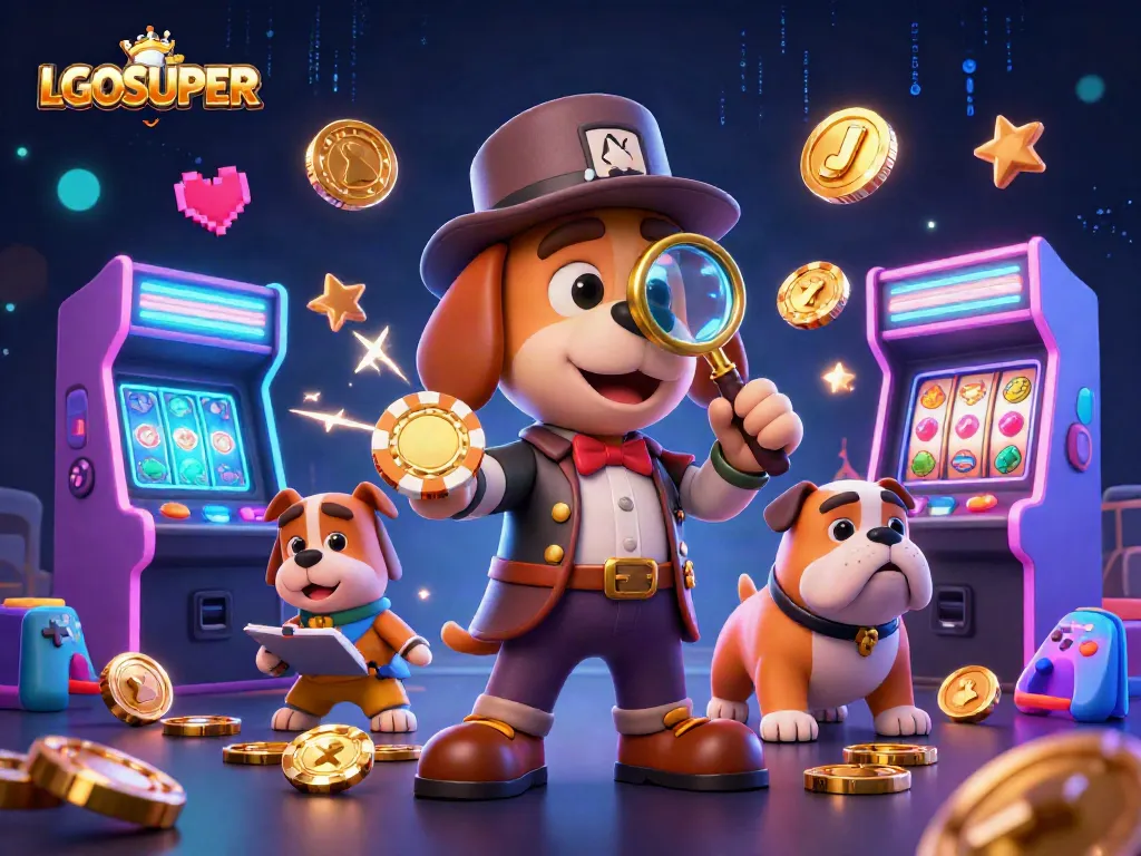 Engage with LGOSUPER in a vibrant casino scene featuring animated characters and slot reels.