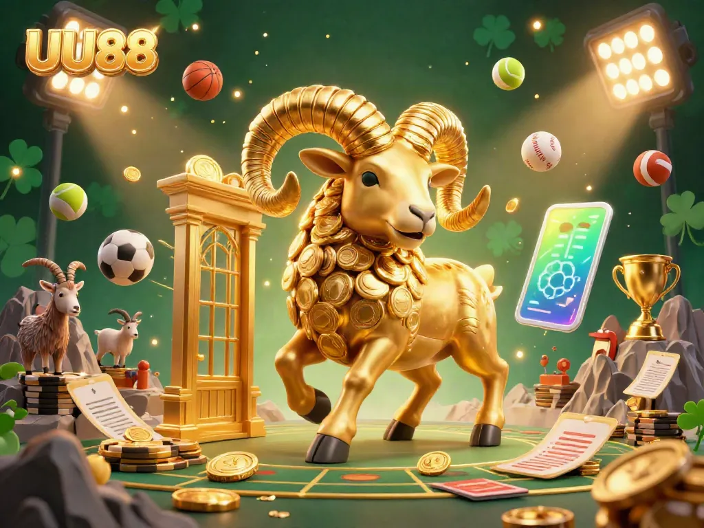 Place bets with UU88 while enjoying a dynamic gambling scene featuring a golden ram and sports elements.