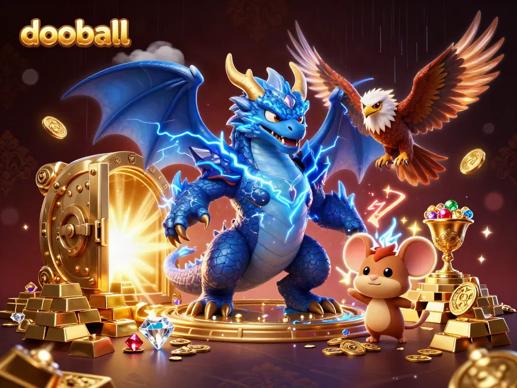Engage with dooball's thrilling atmosphere featuring dynamic characters amidst a treasure scene, showcasing excitement and high-stakes.