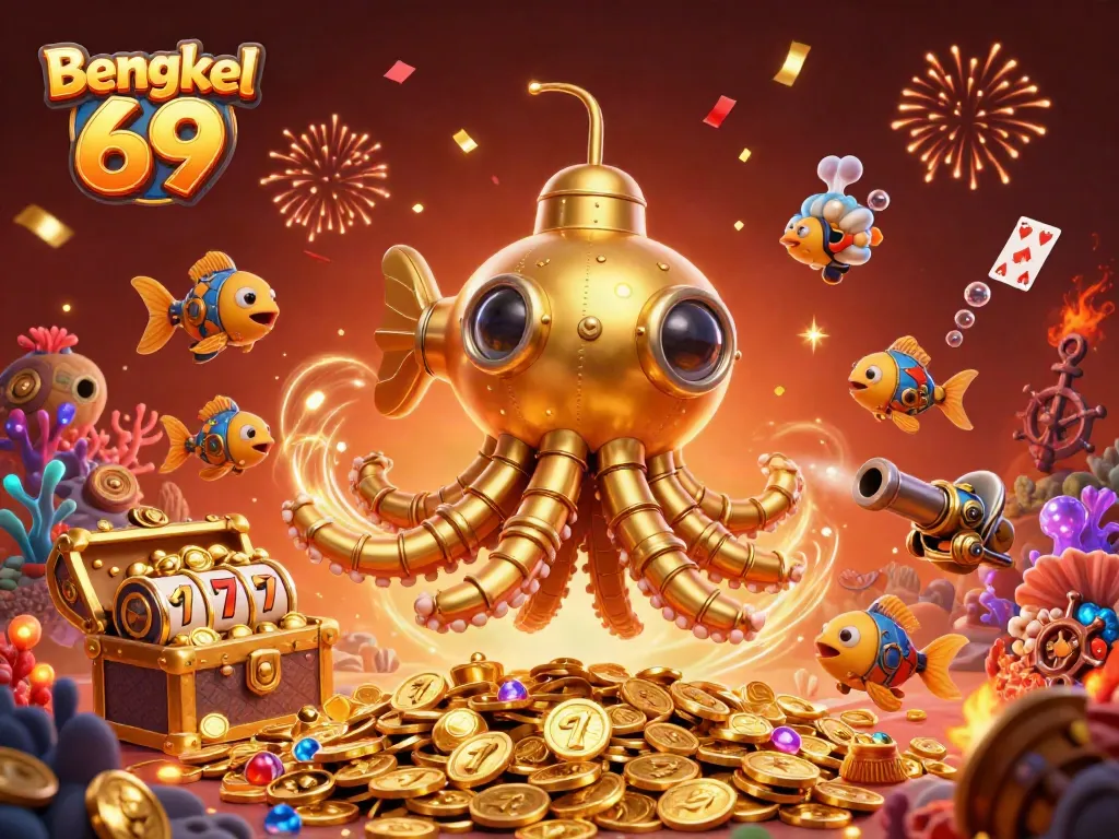 Bengkel 69 showcases a vibrant 3D scene with a golden kraken submarine and slot elements, perfect for gaming excitement.