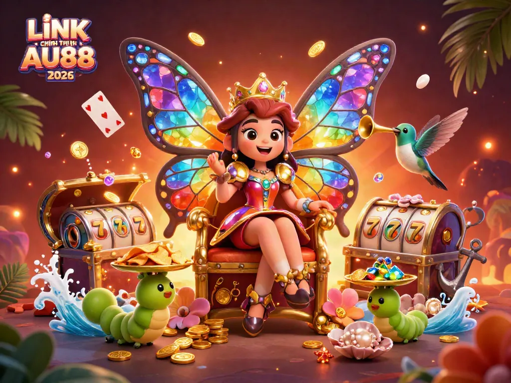 Experience the excitement of LINK CHÍNH THỨC AU88 2026 featuring a vibrant casino scene with gem-colored characters and winning elements.