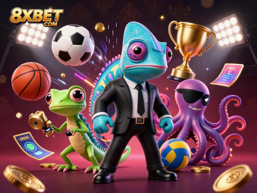 Engage in thrilling sports betting with 8XBET COM featuring exciting game elements and vibrant characters.