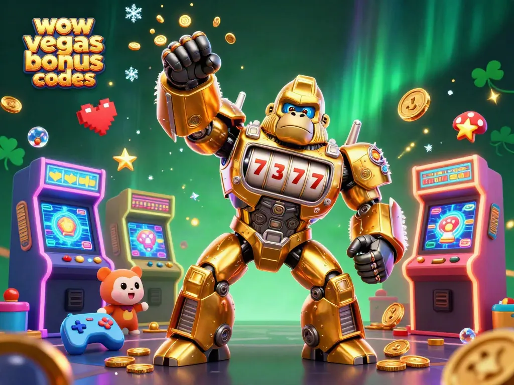 Experience thrills with WOW Vegas bonus codes, featuring a golden gorilla mech bursting with coins and gaming excitement.