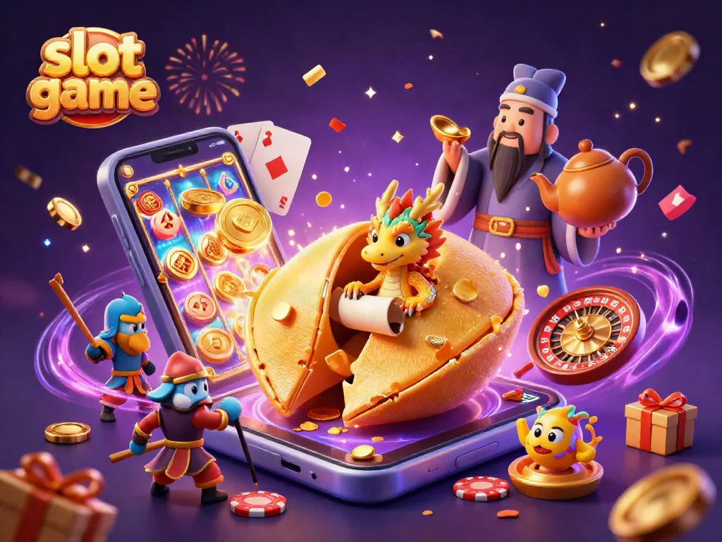 Engage with the exciting slot game featuring dynamic golden fortune cookie characters amidst vibrant casino elements.