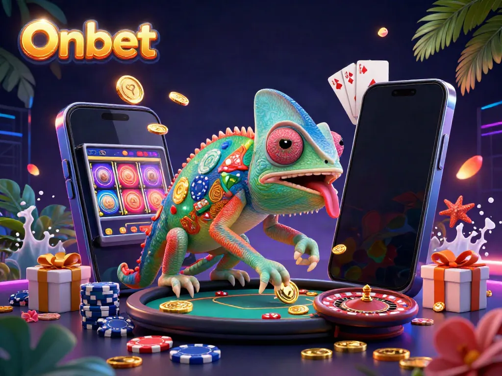 Engage with Onbet's thrilling chameleon-themed casino adventure, showcasing vibrant slot reels and lively game elements.