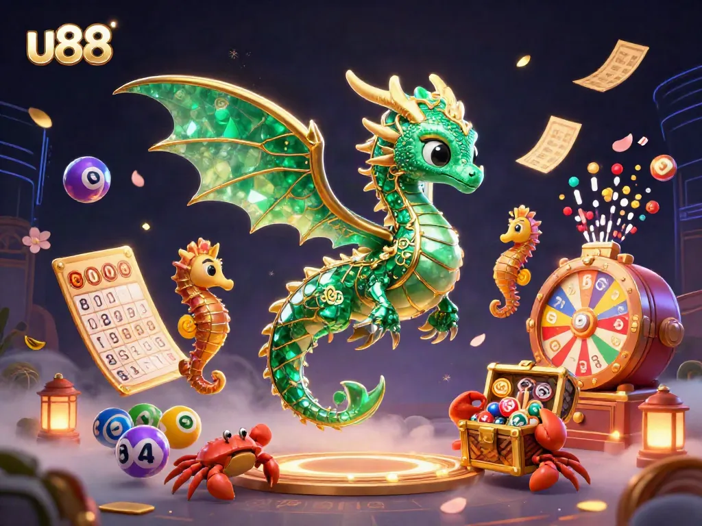 Experience vibrant gaming excitement at u88 with a dynamic 3D dragon and casino elements.