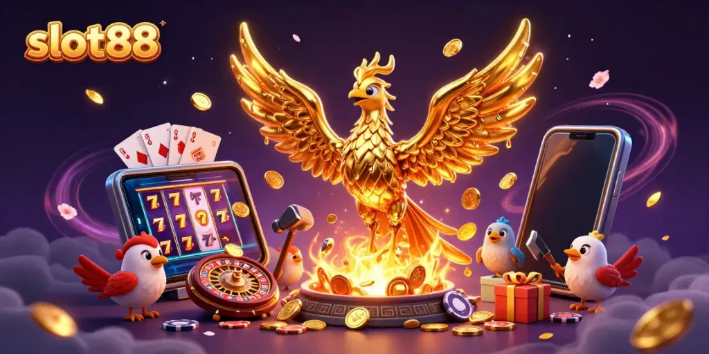 Memenangkan slot88 dengan simbol keberuntungan dan peti hadiah dalam permainan slot 3D.