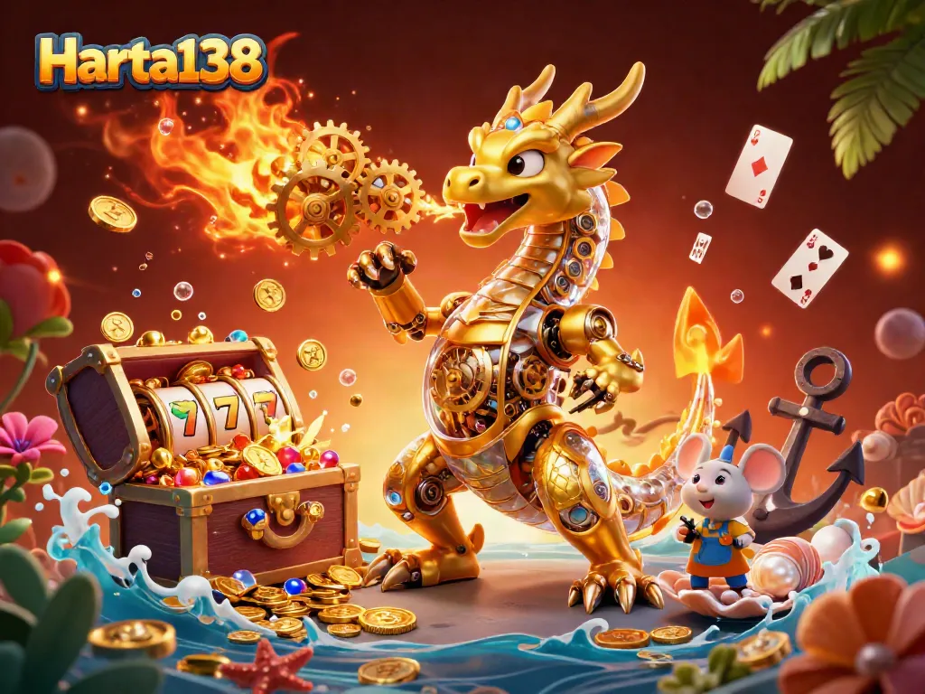 Harta138 menghadirkan slot gacor dengan naga emas mekanikal di tengah lautan harta.