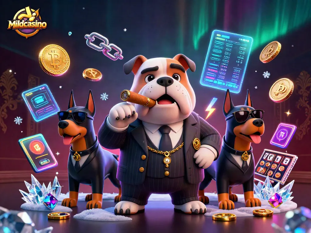 Mildcasino captures high-stakes casino excitement with a cartoon mafia bulldog and Doberman guards.