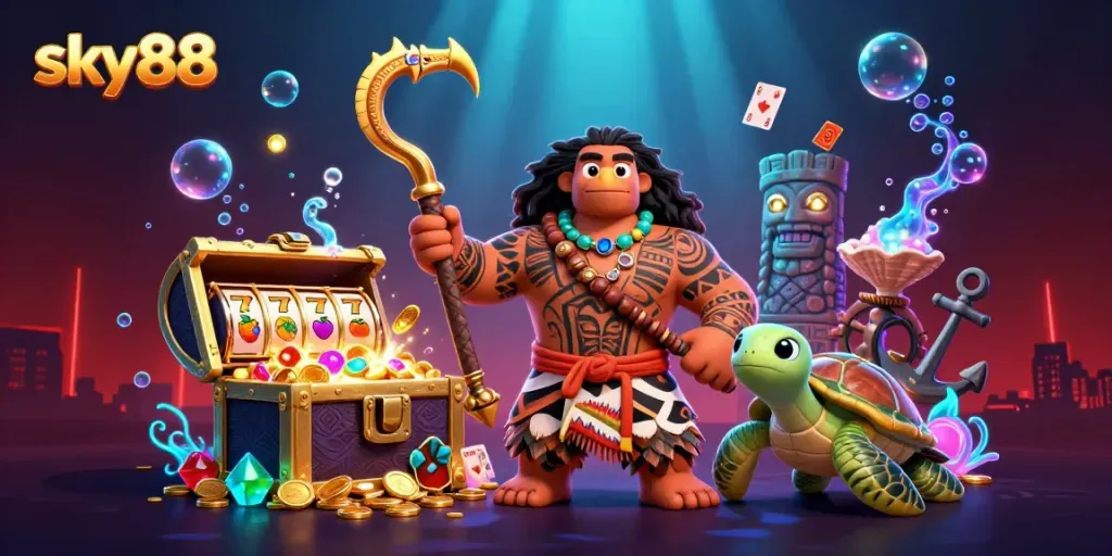 Engage with sky88's vibrant casino scene featuring a Polynesian demigod and playful turtle amidst slot reels and treasure.