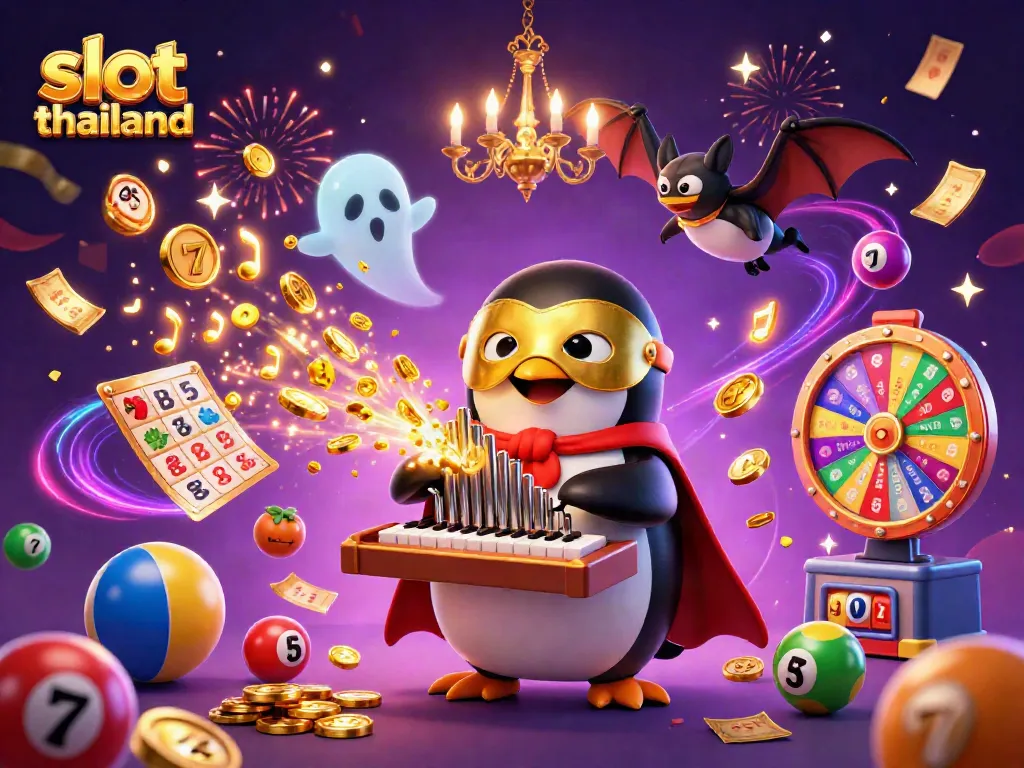 Play slot thailand with a lively illustration of a penguin on a pipe organ, surrounded by vibrant slot game elements.
