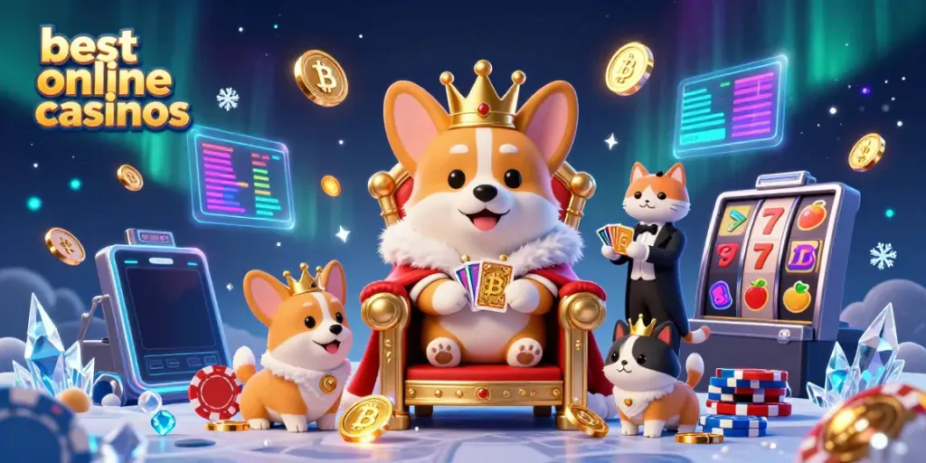 Discover the best online casinos with a vibrant 3D cartoon scene featuring a royal corgi on a throne of poker chips.
