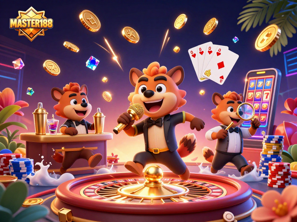 Experience the thrills of MASTER188 with vibrant hyenas in a lively casino scene.